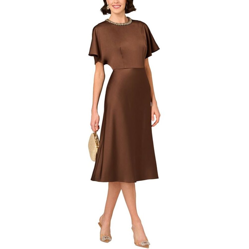 Aidan Mattox Brown Satin Midi Dress with Jewel Neck